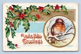 Sparrow Holly Yuletide Greetings Embossed UNP Unused Christmas DB Postcard D17 - £5.69 GBP