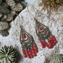 Red Beaded Chandelier Earrings Gypsy Hippie Statement Dangle Boho Silver... - $16.81