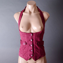 Burgundy Red Faux Suede Underbust Fitted Punk Gothic Evening Vest Top S M L - £27.52 GBP