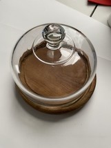 Vintage Teak Wood Cheese Pastry Board Tray with Glass Dome Cloche Lid 7 1/4” - £15.71 GBP