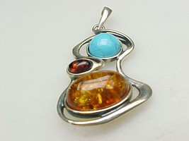 TURQUOISE, AMBER &amp; GARNET Vintage PENDANT in Sterling Silver - £60.13 GBP