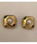 CINER RARE Earrings Clip Ruby Red &amp; Emerald Green Cabochon Jewels of India - $133.65