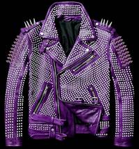 Men Silver Studded Spiked Genuine Punk Purple Leather Belted Jacket - £304.83 GBP