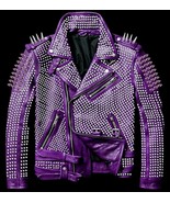Men Silver Studded Spiked Genuine Punk Purple Leather Belted Jacket - $389.00