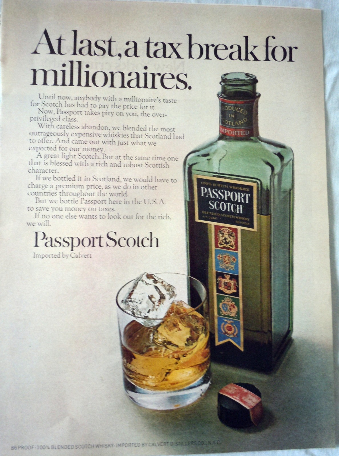 Primary image for Passport Scotch A Tax Break For Millionaires  Magazine Advertising Print  1969