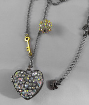 Vera Wang Sparkling Iridescent Rhinestone Gunmetal Heart Locket Key Necklace - $19.99