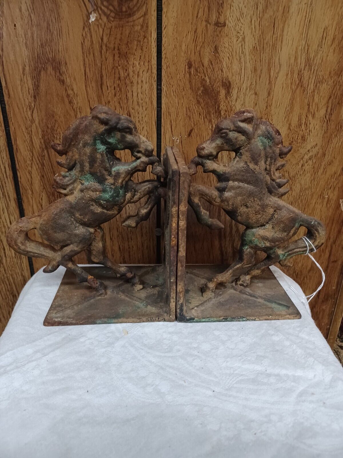Pair Iron Rearing Horse 7" Bookends Splotched Green Brown, Japan - $49.49