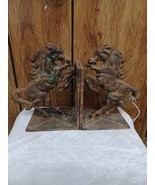 Pair Iron Rearing Horse 7&quot; Bookends Splotched Green Brown, Japan - $67.39 CAD