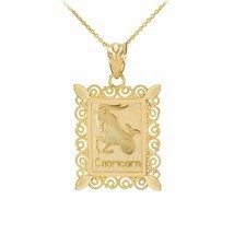 14k Solid Gold Capricorn Zodiac Sign Filigree Rectangular Pendant Necklace - £182.79 GBP+