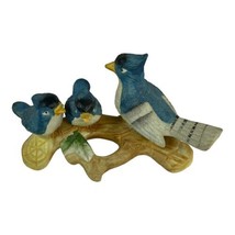 Mom and Baby Birds Figurine Ceramic Blue Jay Family Trinket Collectible 7x4 - £24.22 GBP