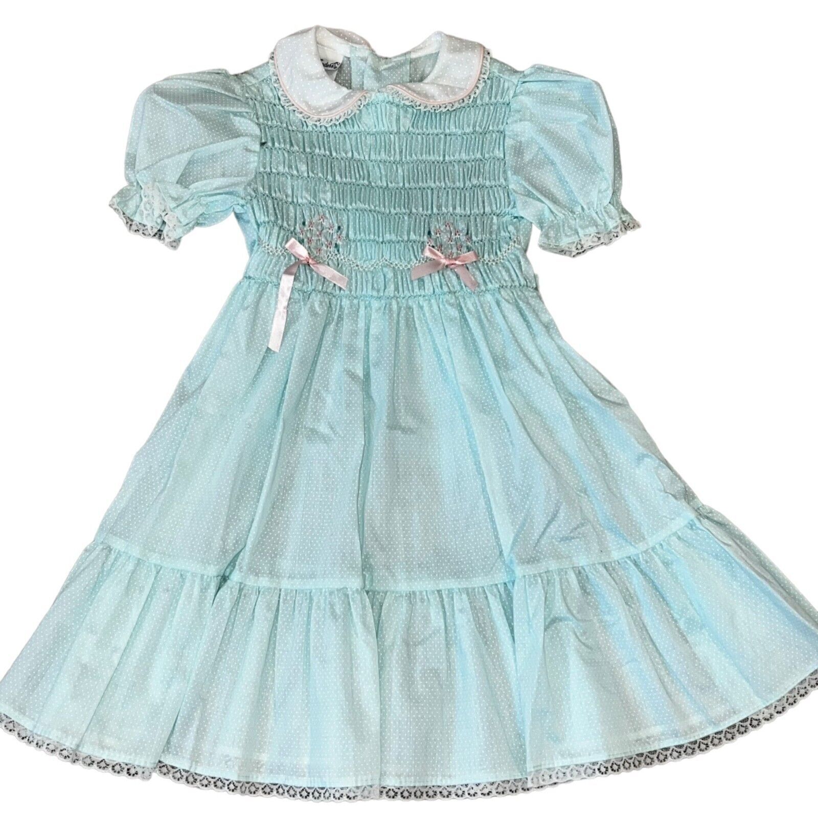 Primary image for Polly Finders Vintage Hand Smocked Aqua Blue Polka Dot Lace Collar Dress Size 6