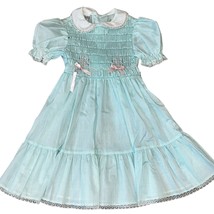 Polly Finders Vintage Hand Smocked Aqua Blue Polka Dot Lace Collar Dress... - £36.74 GBP