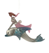 Gallarie II Mermaid and Dolphin Glass Christmas Ornament  Pink Blue Clear 4 In - £16.86 GBP
