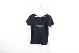 Vtg 90s Harley Davidson Womens Large Faded Spell Out Ribbed Cropped T-Shirt USA - £42.77 GBP