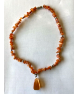 Peach/ Orange Coral Chip Bead Strand 17&quot; Necklace with polished Pendant ... - $24.99