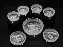 Antique 1913 INDIANA GLASS 7-Piece Footed Bowl Set ROSE POINT BAND Fruit... - $607.34 MXN