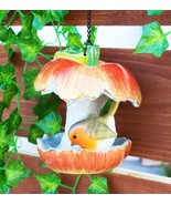 Red Apple Fruit With Perching Finch Bird Feeder W/ Hanging Chains Figurine - $34.16 CAD