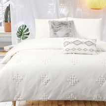 Ivory Duvet Cover Boho King Cream Cotton Textured Tufted Diamond Moroccan Clippe - £89.40 GBP