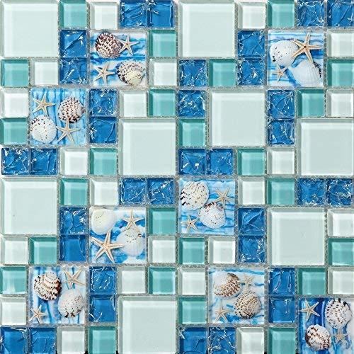 Beach House Style Bathroom Tile Blue & White Crackle Glass Backsplash Set of 11