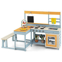 Fir Wood Play Kitchen with Kids Picnic Table and Built-in Bench-Gray - Color: Gr - $164.45