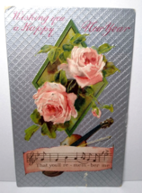 New Years Postcard Pink Roses Music Notes Violin You&#39;ll Remember Me 1908 Emboss - £9.65 GBP