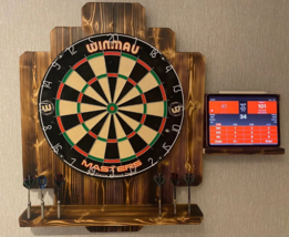Handmade stained and burned dart board surround including tablet shelf - $105.00