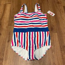 Lands End Womens Striped Tugless One Piece Swim Suit 18P Petite Red Blue... - $41.58