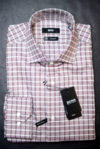 HUGO BOSS Hombre Gordon Viaje Fresco Corte Normal Rojo Oscuro Cuadros Camisa 39 - $63.99