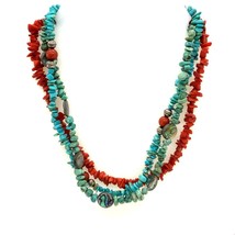 Vintage Signed 925 Turquoise Coral Abalone Twisted Bead Works Collar Necklace 15 - £130.99 GBP
