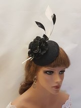 BLACK HAT Fascinator.Gorgeous  Black lace hat with Flower,black,white fe... - £39.33 GBP
