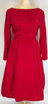 1950s Red Velvet Longsleeve Pleated Swing Party Dress Fits S 6/8 26&quot; Waist Union - £117.67 GBP