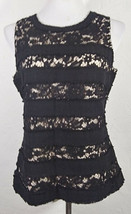 J Crew Womens Tank Top Medium Black Floral Lace Striped Tweed Fringe Keyhole  - £19.57 GBP