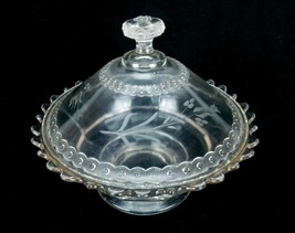 8&quot; Covered Glass Serving Bowl, Scalloped, Pedestal Base, Etched Tulips on Lid - £27.02 GBP