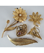 MID CENTURY BROOCH LOT x5 pin gold tone flower leaf - $46.99