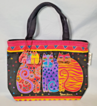 Laurel Burch Colorful Cats Sun N Sand Painted Canvas Bag Tote w/ Wood Ornament - £19.35 GBP
