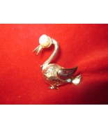 Vintage Textured Goldtone Metal Duck Faux Pearl,Blue Bead, Pin - £5.38 GBP