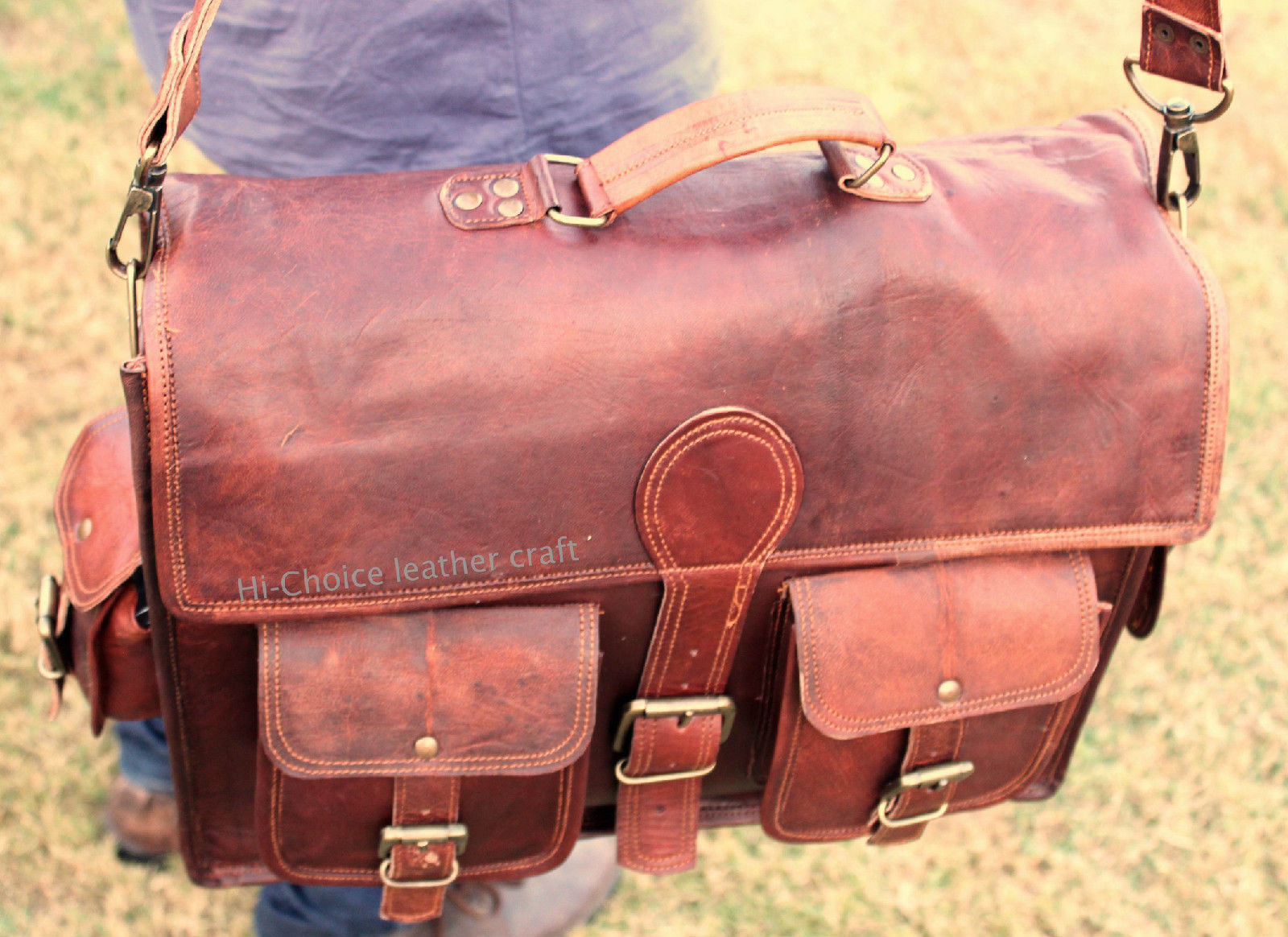 15" Men's Goat Leather Vintage Brown Messenger Bag Shoulder Laptop Bag Briefcase - $66.60