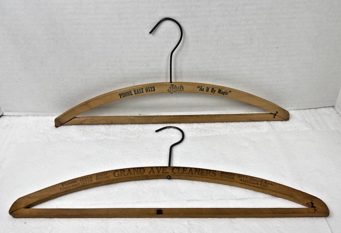 2 Antique Wood &amp; Metal Advertising Coat Hangers Grand Ave Cleaners Allyn... - $18.32
