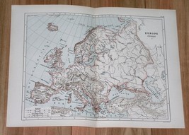 1887 Original Antique Physical Map Of Europe Poland Germany France Hungary Italy - $23.28