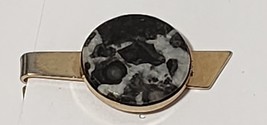 Vintage Tie Bar Clip Clasp Stay Gold Tone Round Marble Stone Black Gray - £5.49 GBP