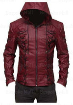 New Men&#39;s Red Hooded Eyelets Real Cowhide Leather Jacket Brando Style-41 - $161.99+