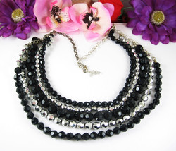 Four Strand Black &amp; Silvertone Beaded Necklace Round Faceted Plastic 24&quot; Adjust - $17.81