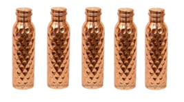 Copper Water Drinking Bottle Leak Proof Beautiful Diamond Cut Tumbler Set of 5 - £59.60 GBP