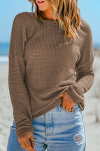 Dark Brown Waffle Knit Drop Shoulder Long Sleeve Top - £15.25 GBP