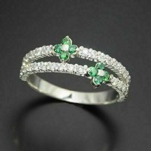 0.60Ct Green Emerald with White Sapphire Wedding Band Ring 14k White Gold Over - £78.42 GBP