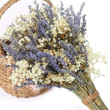 Dried Lavender &amp; Baby&#39;S Breath Flowers Bundles, Dried Flower Bouquet For Vase, N - £29.92 GBP