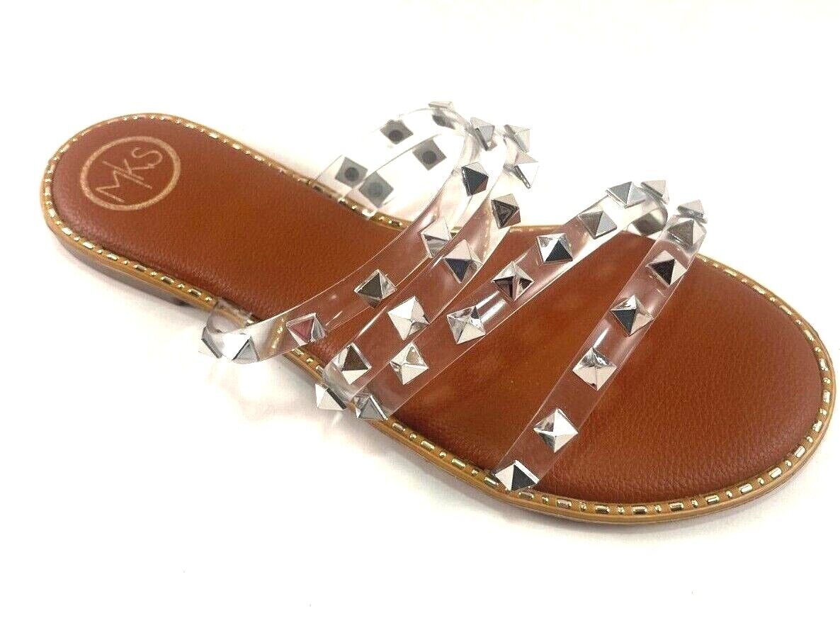 Primary image for Makers Linda 95 Tan/Clear Flat Slip On Strappy Sandal Choose Sz/Color