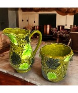 Mid-Century Modern Green Leaf Inspired Majolica Ceramic Pitcher &amp; Plante... - £24.30 GBP