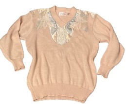 VTG Jaclyn Smith Cotton Candy Pink floral appliqué sweater Beaded Size M - £17.12 GBP