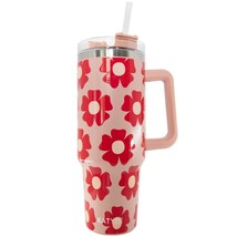 Flower Power Printed Stainless Steel Tumbler 40 oz with Handle Peach Pink - £30.32 GBP